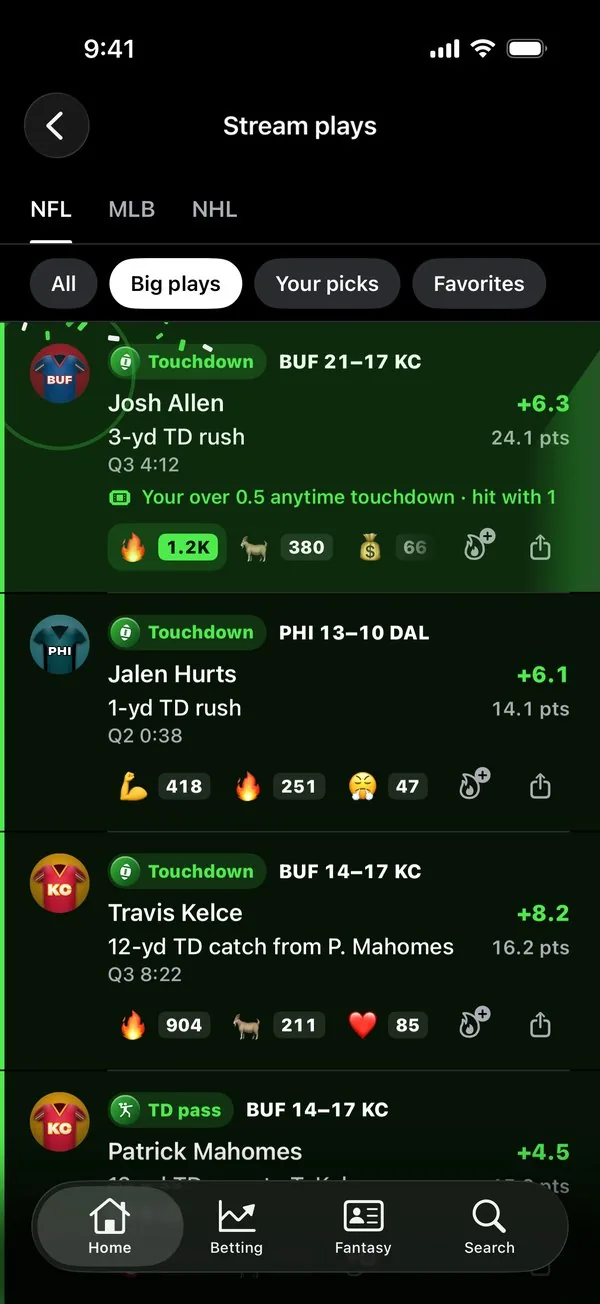 Stream plays in OPTIMAL: touchdowns as they happen, with the score, fantasy points and what each play did to a tracked pick