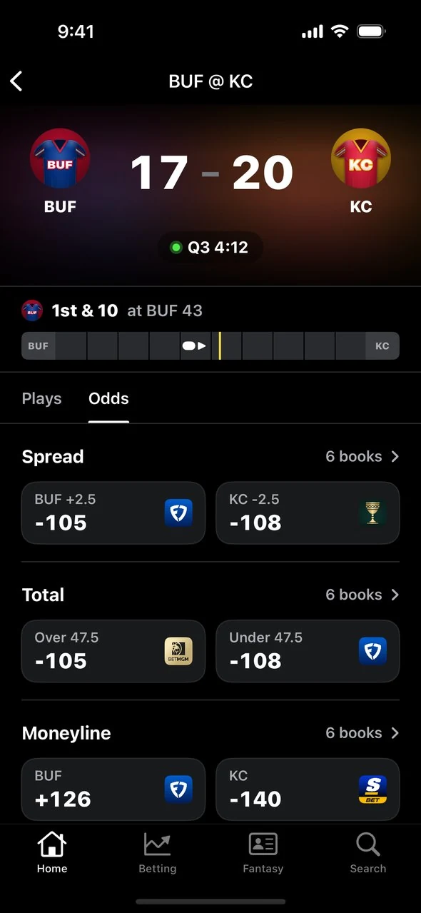 Game screen Odds tab with the best price on each side of the spread, total and moneyline