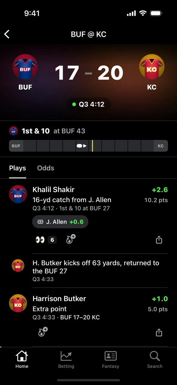 Live NFL game screen with the scoreboard, field strip and Plays and Odds tabs