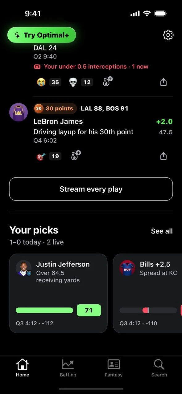 Home tab showing the Stream every play button and the Your picks row