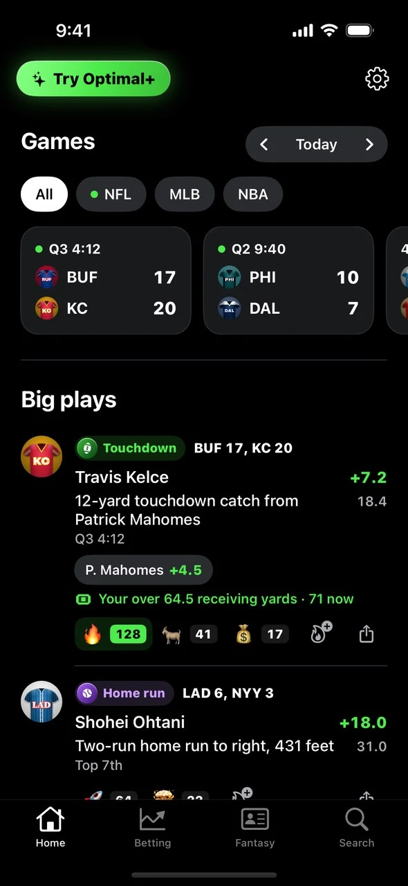 Optimal Home tab with today's games, live scores and big plays