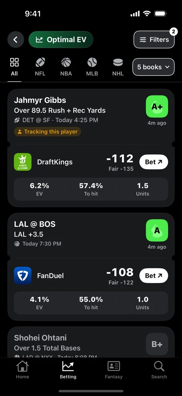 Optimal EV picks with letter grades, EV, chance to hit and units