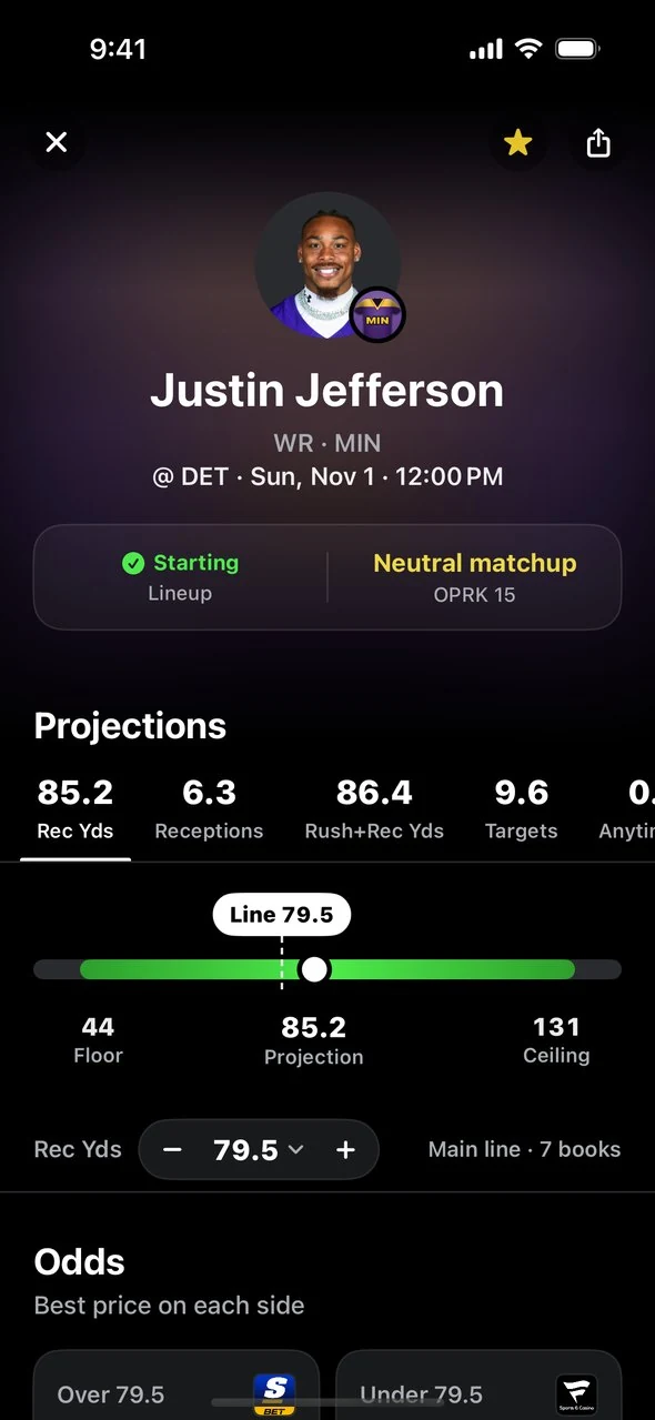 Player page with projections, floor and ceiling against the line
