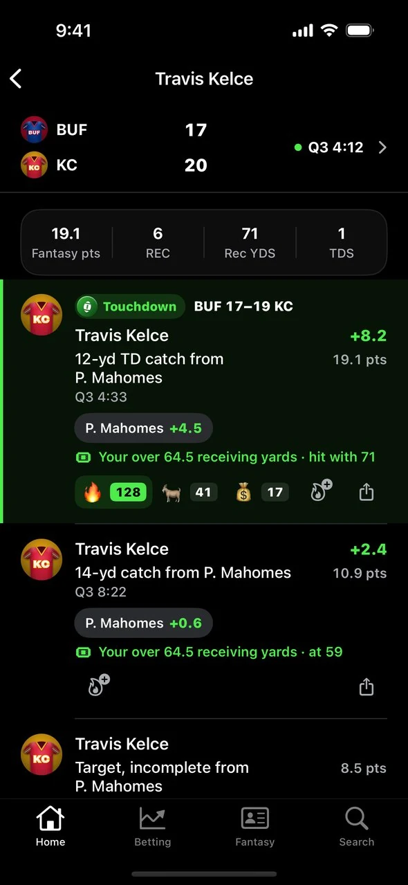 A player's plays screen with his stat line, fantasy points and every play he was part of