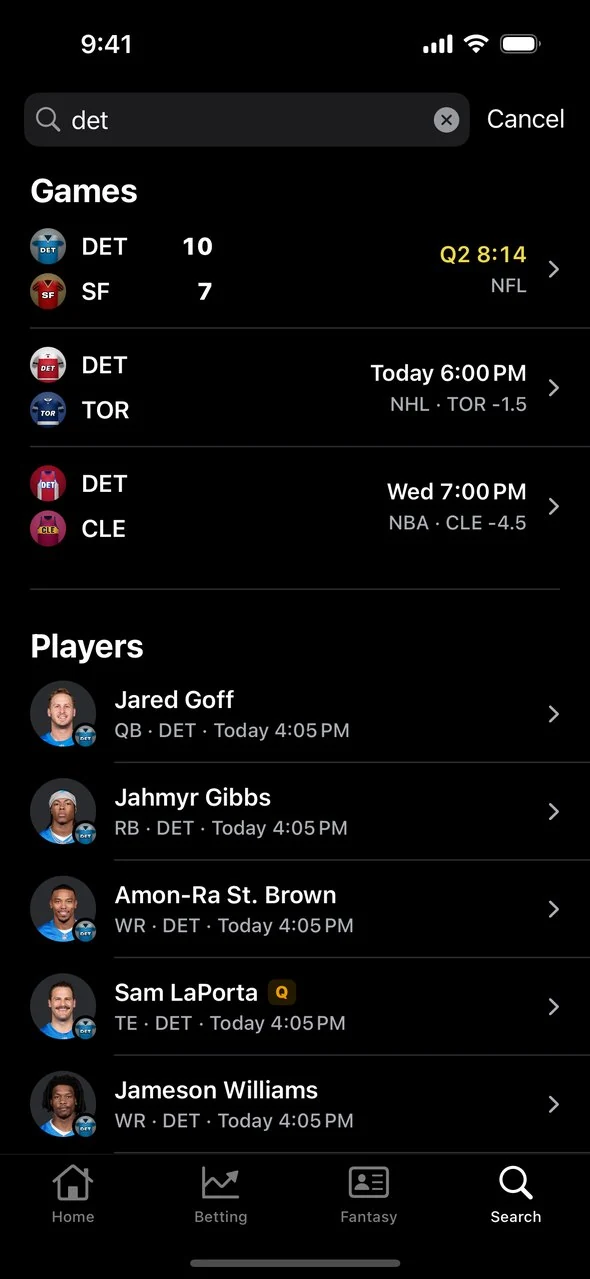 Search results for a team with matching games and players