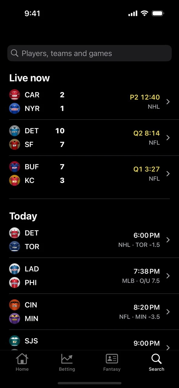 Search tab showing live games and today's schedule