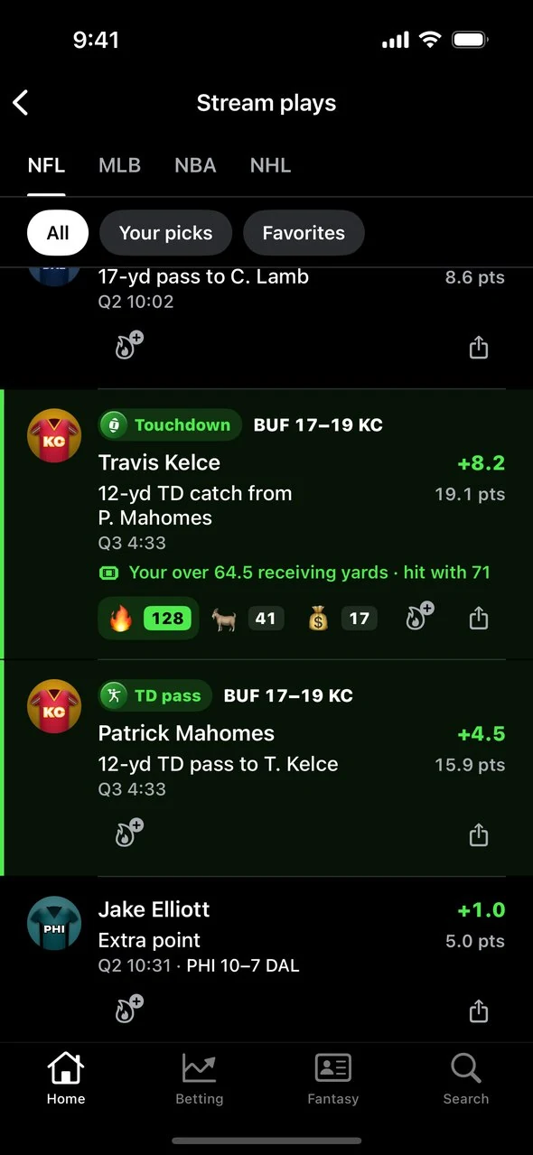 Stream plays showing a touchdown worth 8.2 fantasy points with a pick update underneath