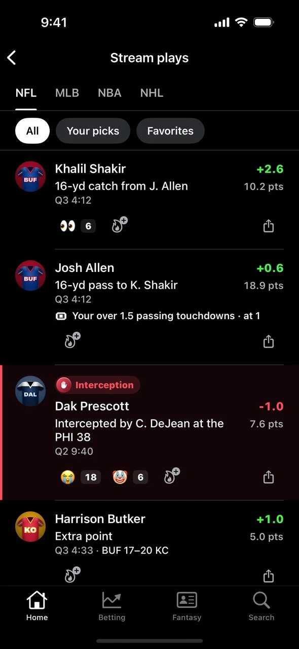 Stream plays feed with league tabs and filter chips for All, Your picks and Favorites