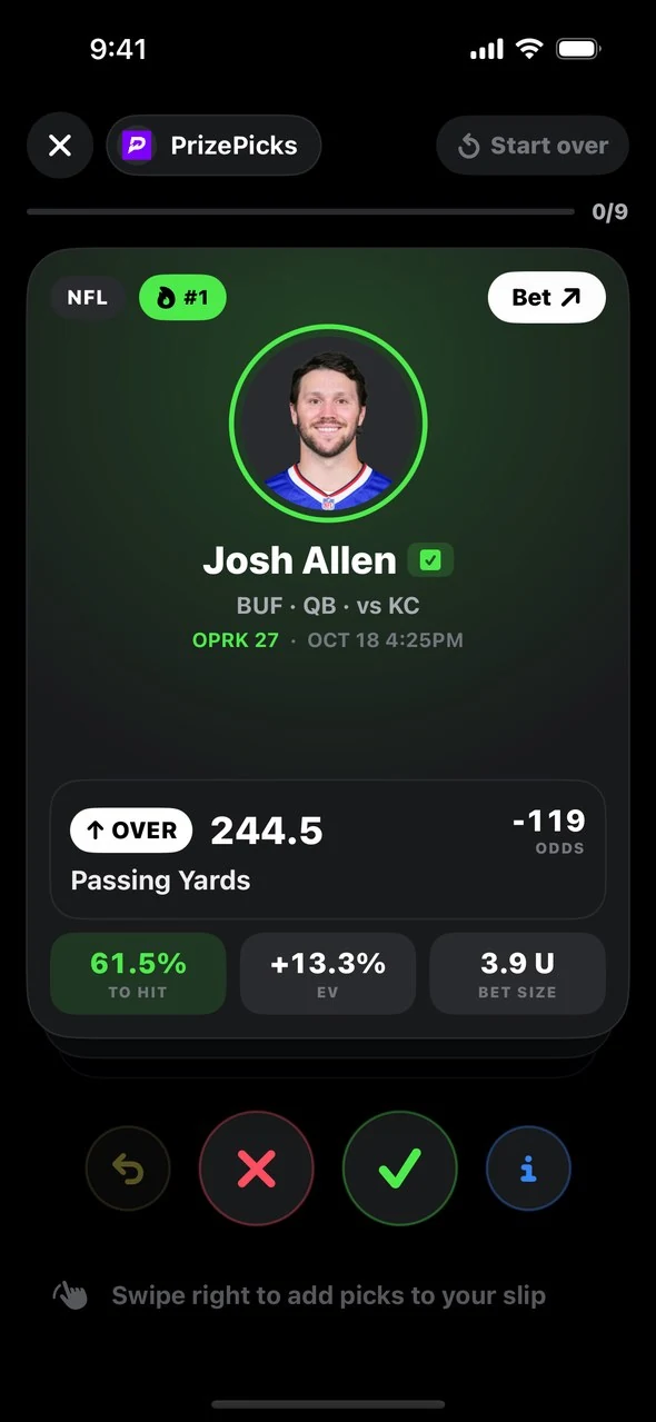 Swipe Mode card for a player prop with chance to hit, EV and bet size