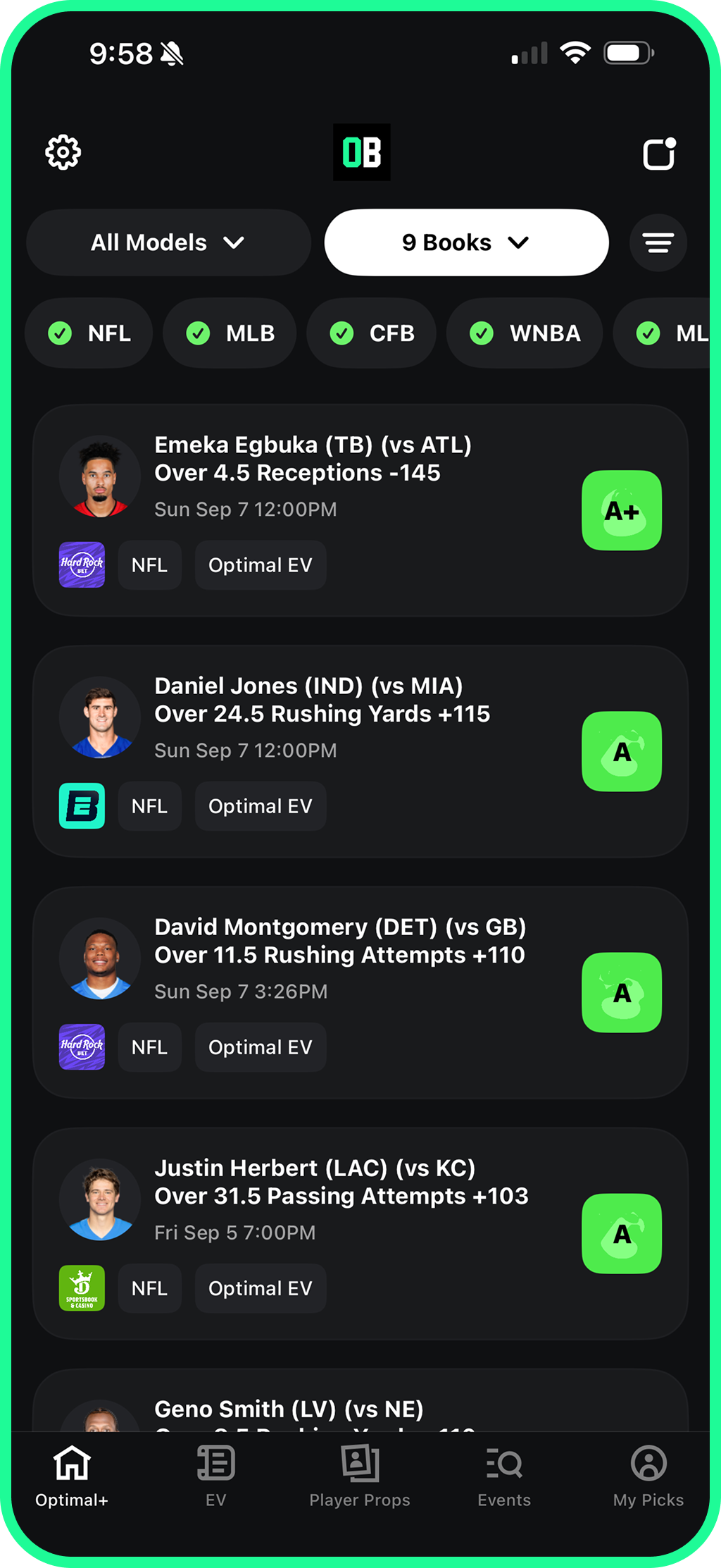 Optimal Bet app showing +EV betting picks