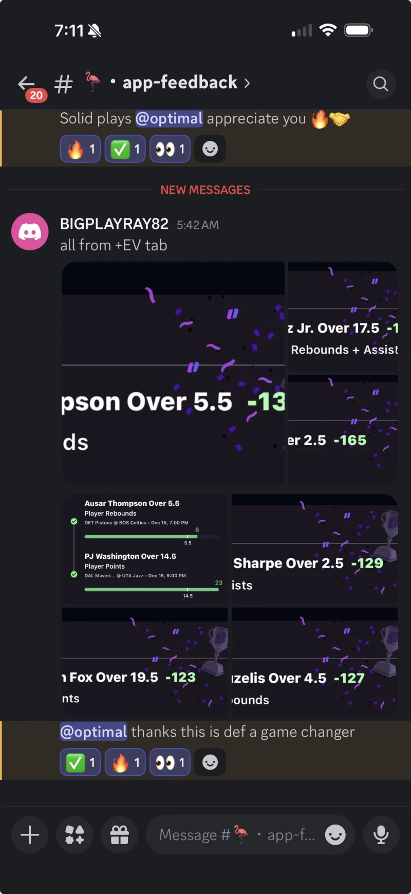 Optimal Bet user showing multiple wins from +EV tab