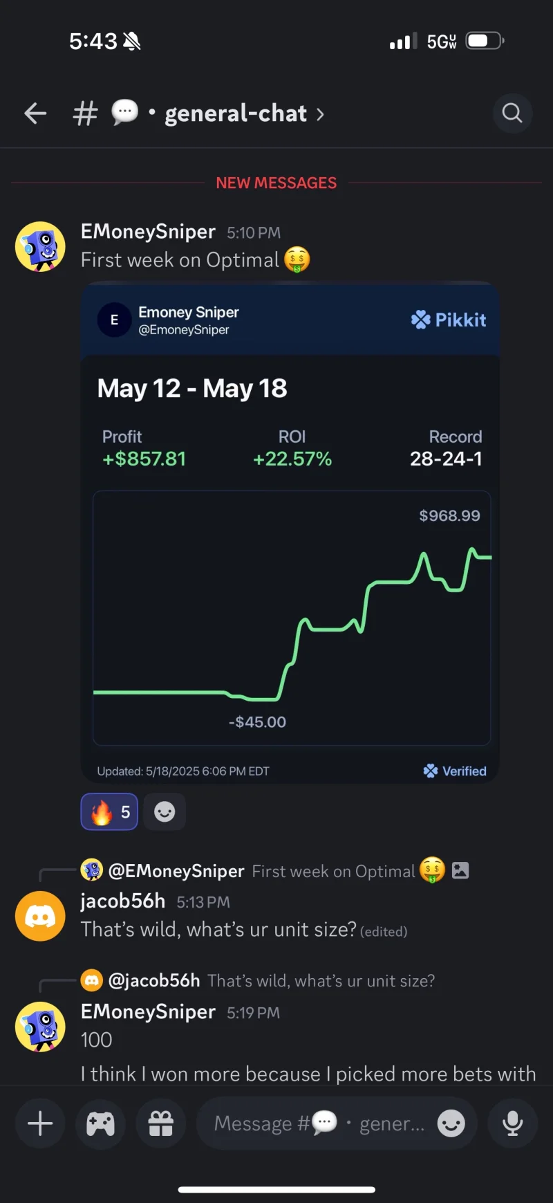 Optimal Bet user showing +$857 profit in first week