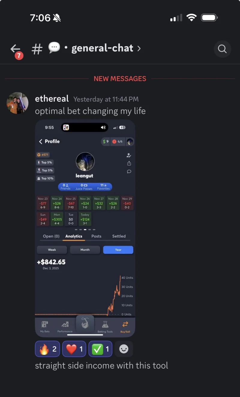 Optimal Bet user showing +$842 profit