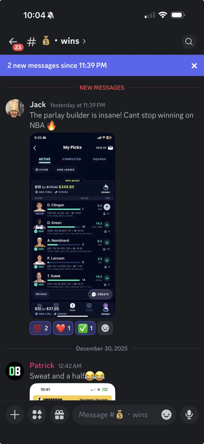 Optimal Bet user showing $10 to $349 parlay win