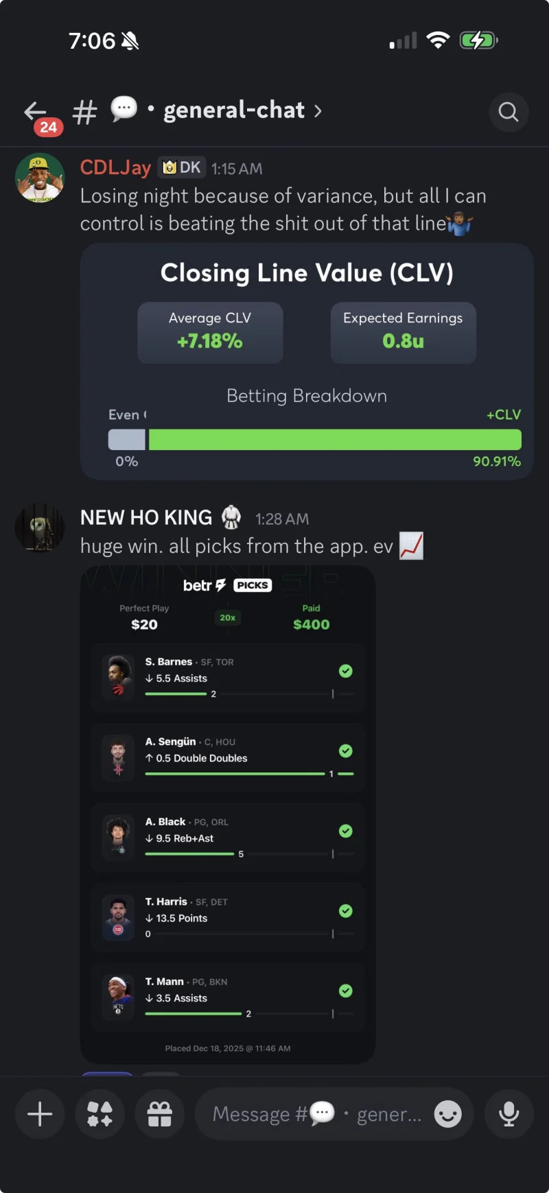 Optimal Bet user showing $20 to $400 parlay win