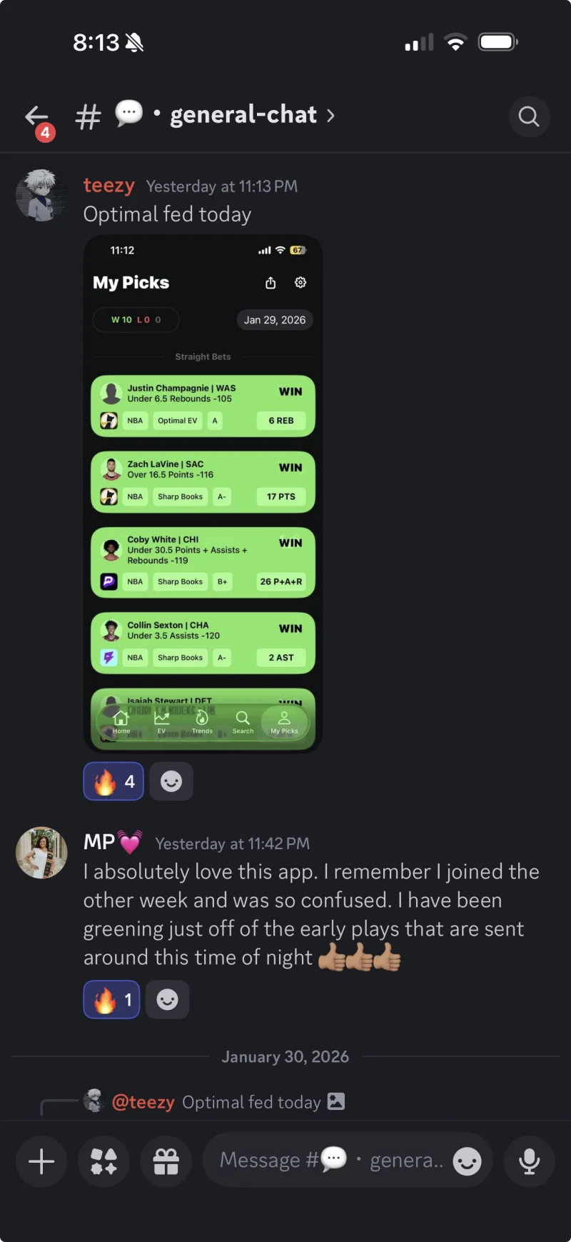 Optimal Bet user showing perfect 10-0 day with all winning picks