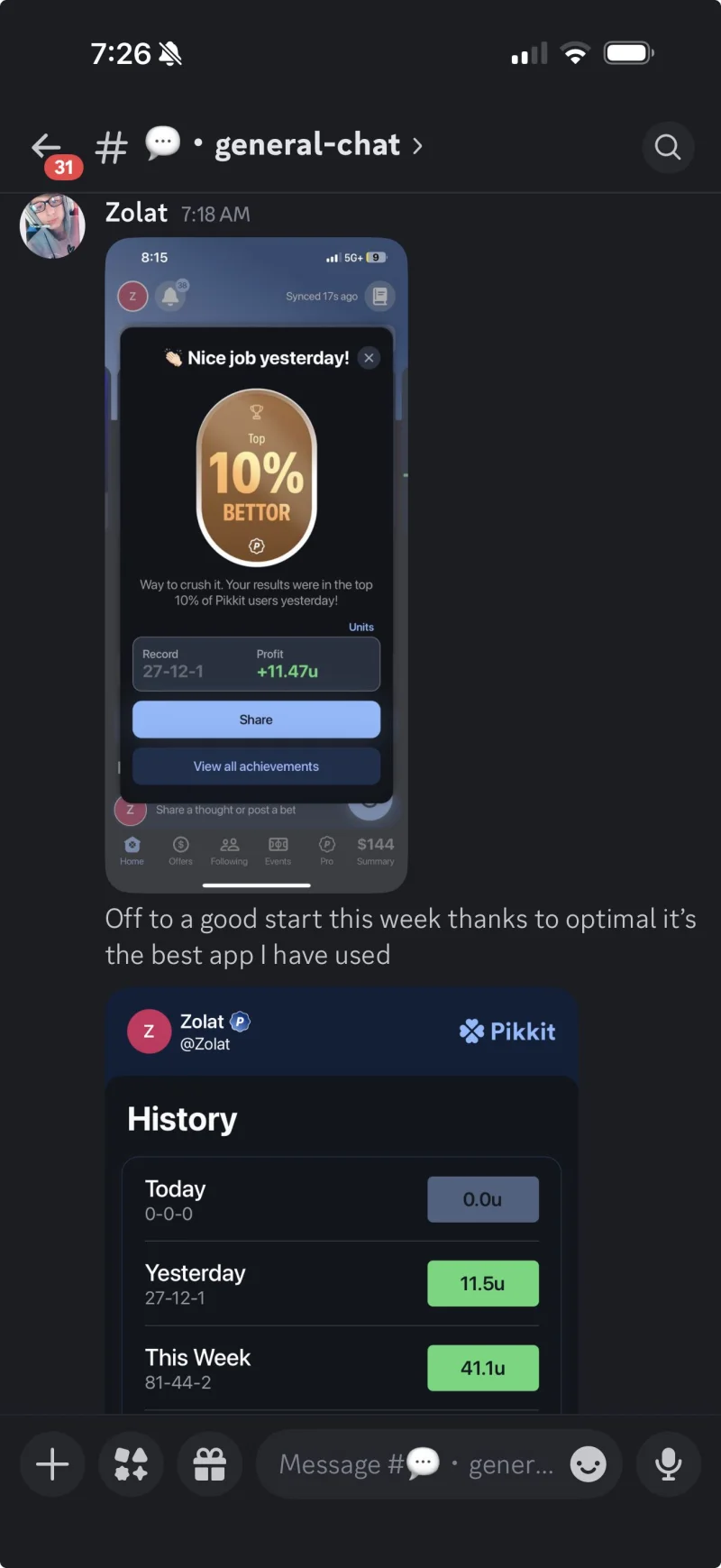 Optimal Bet user showing 41 unit week and top 10% bettor badge