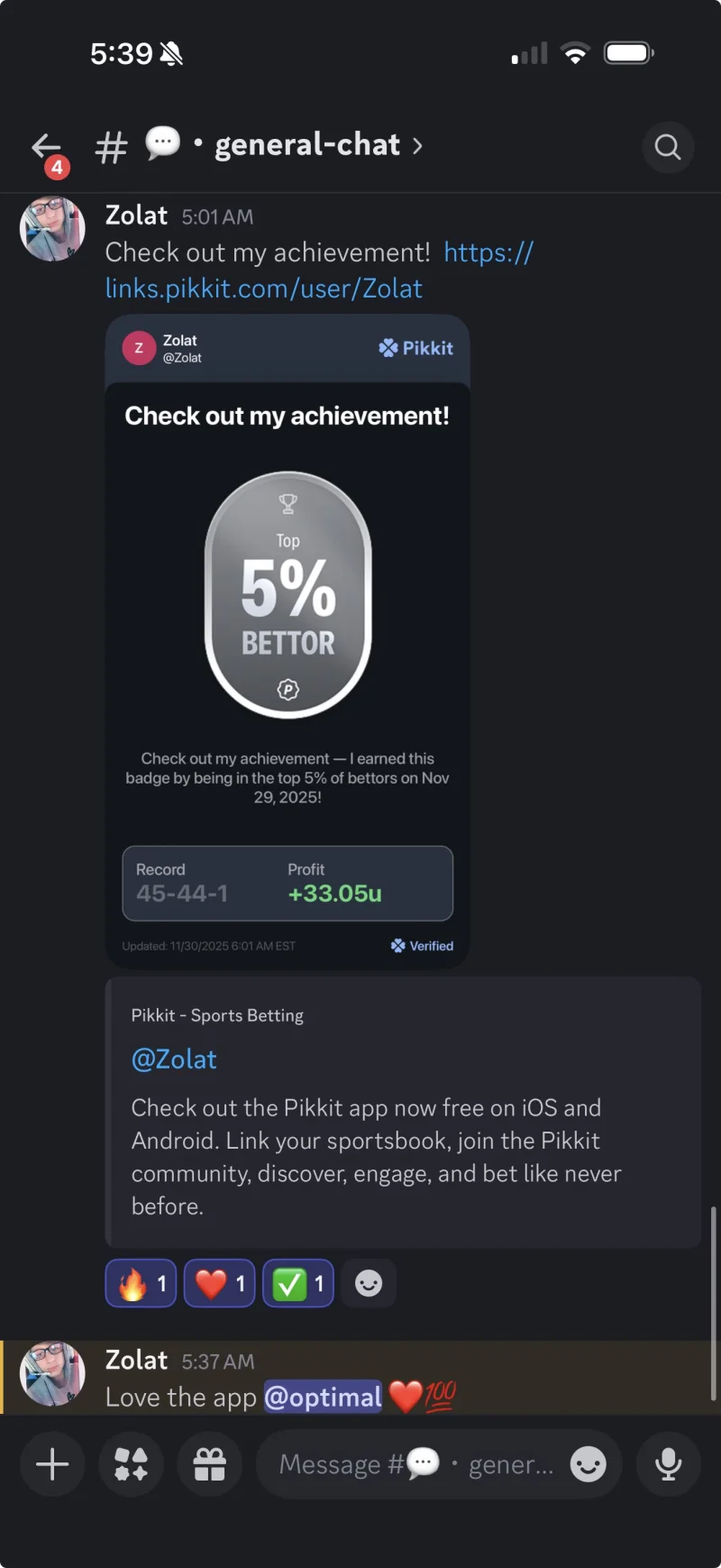 Optimal Bet user in top 5% of bettors with +33 units profit